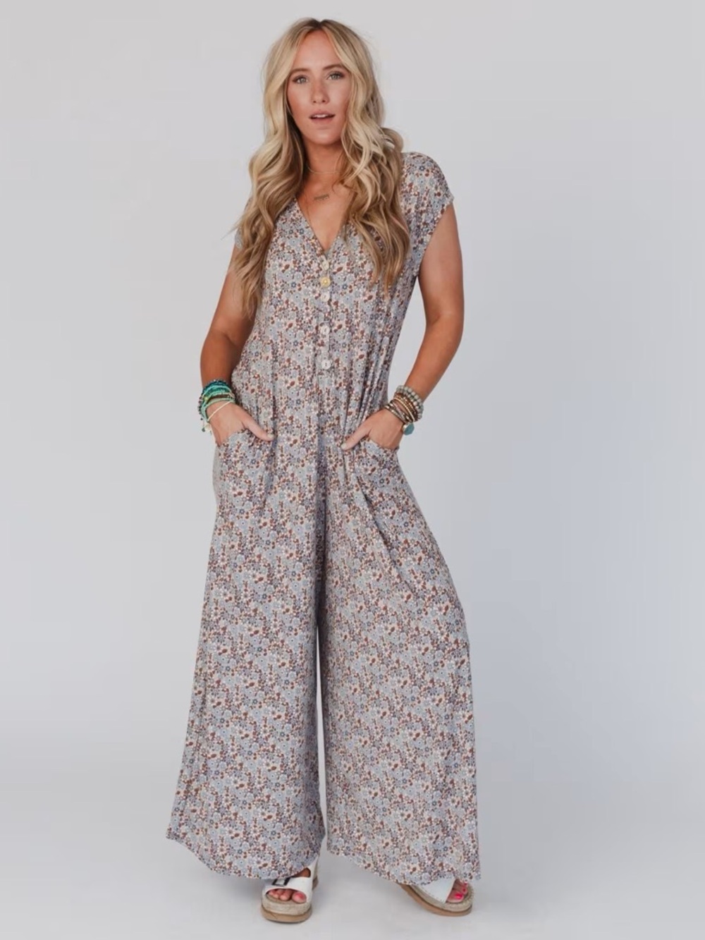 Three Bird Nest Floral Wide Leg Jumpsuit in Light Gray with Brown & Cream Print
